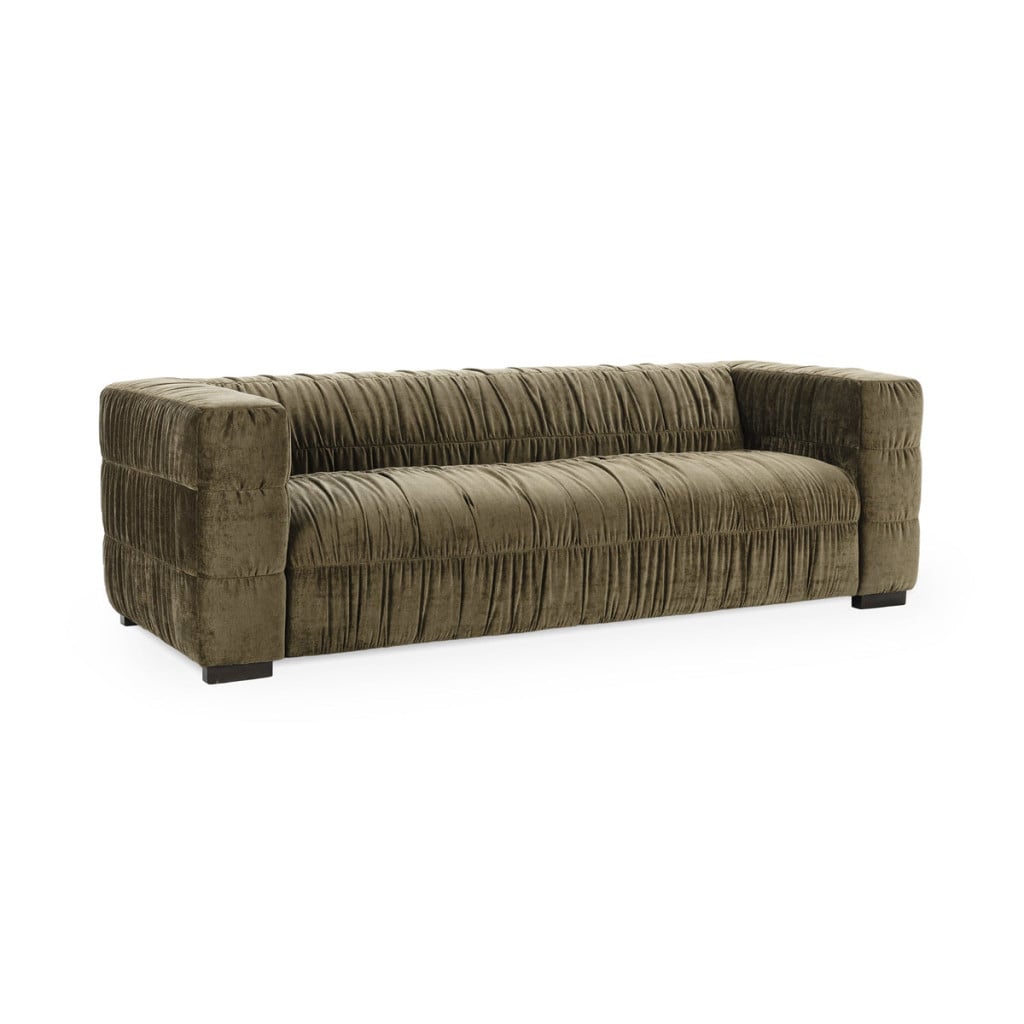 Afeela bench-seat velvet sofa in fern green velvet, front view