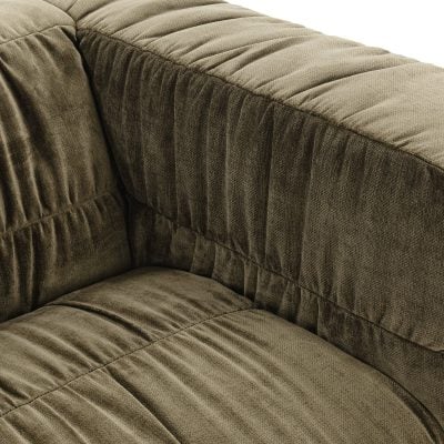 Afeela bench-seat velvet sofa in fern green velvet, close-up of the pleated ruched upholstery