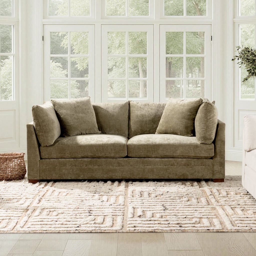 Audrey 94-Inch Sofa in Soft Olive - lifestyle view in a bright sunroom