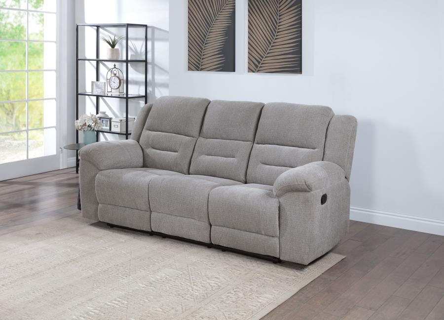 Gilson grey chenille manual reclining sofa, front view