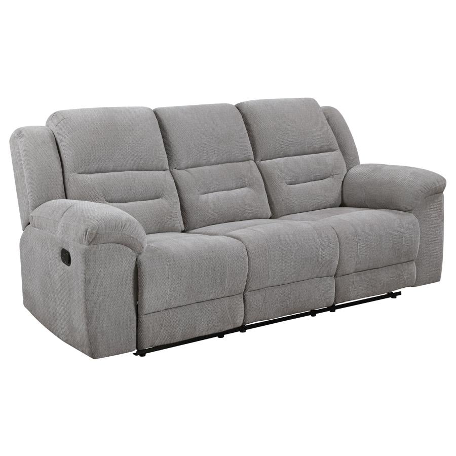 Gilson grey chenille manual reclining sofa, angled view