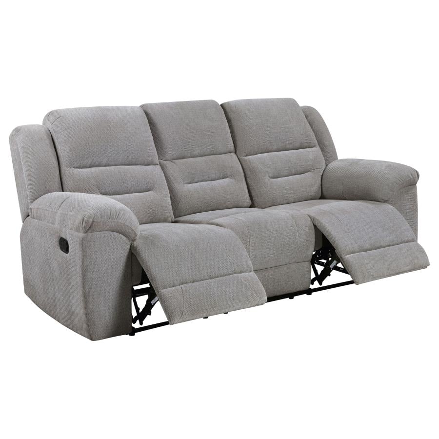 Gilson grey chenille manual reclining sofa, side view
