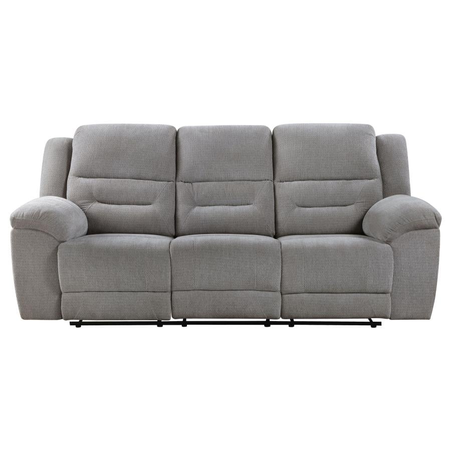 Gilson grey chenille manual reclining sofa, detail view