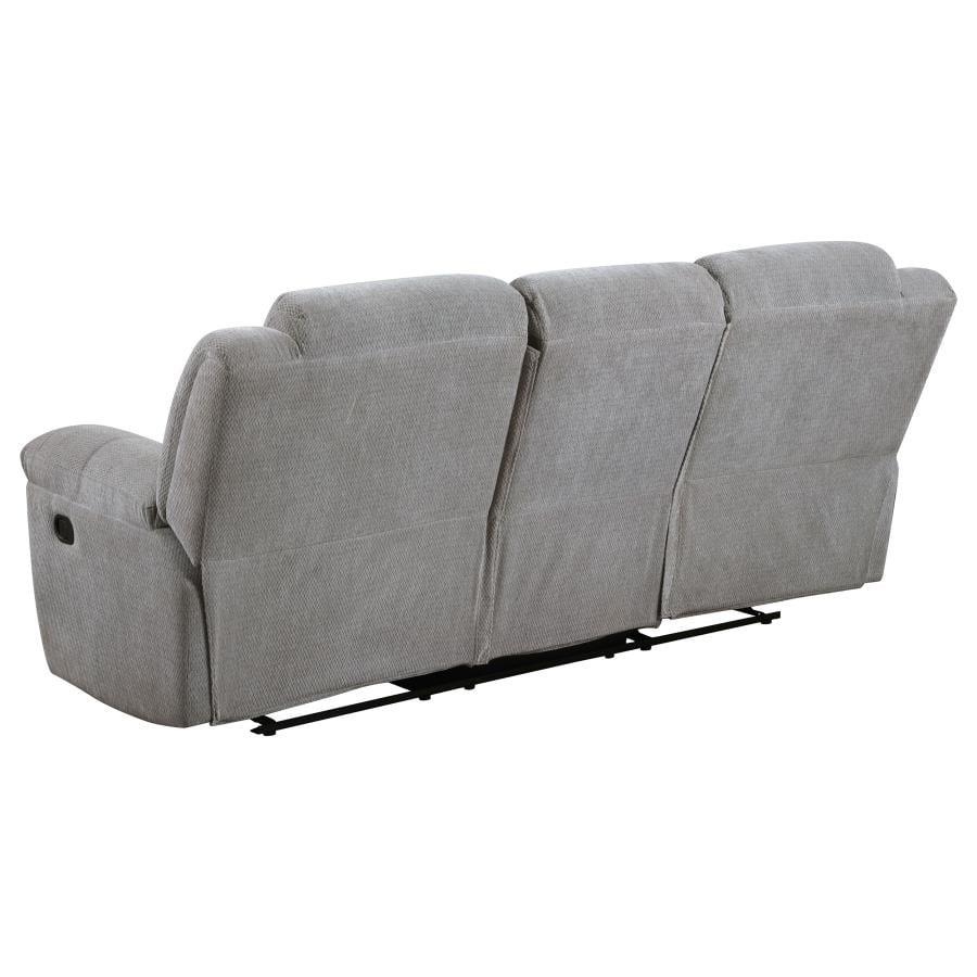 Gilson grey chenille manual reclining sofa, back view