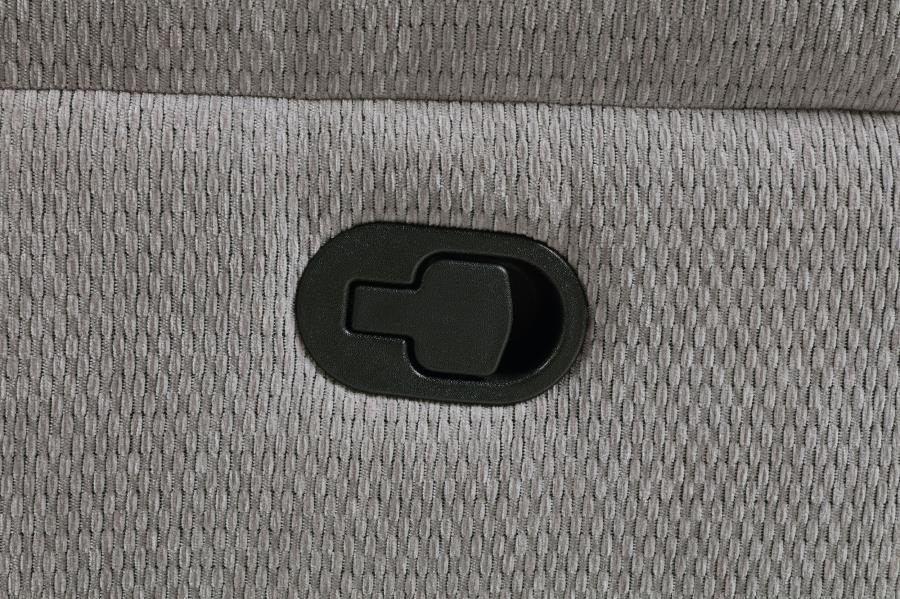 Gilson grey chenille manual reclining sofa, close view
