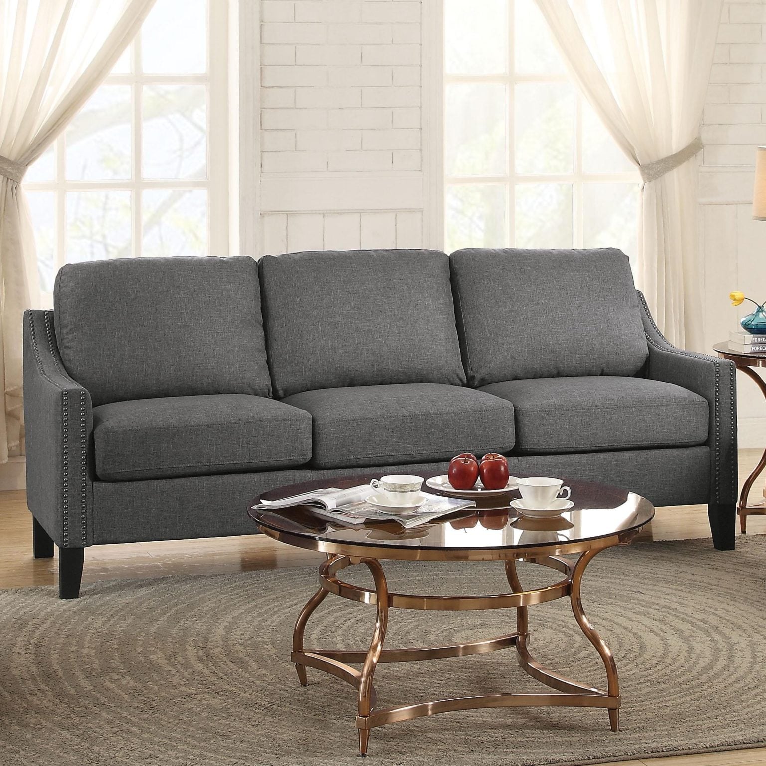 Zapata grey linen sofa with nailhead trim, front view