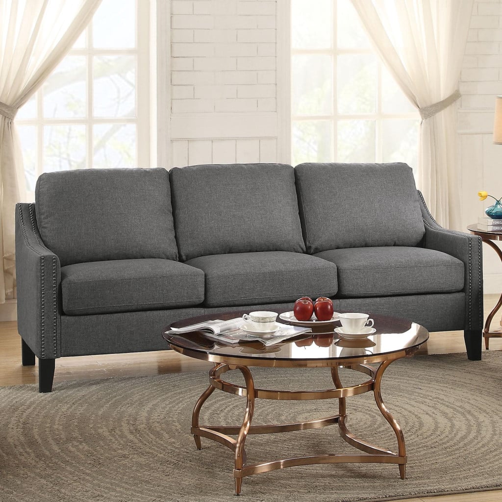 Zapata grey linen sofa with nailhead trim, front view