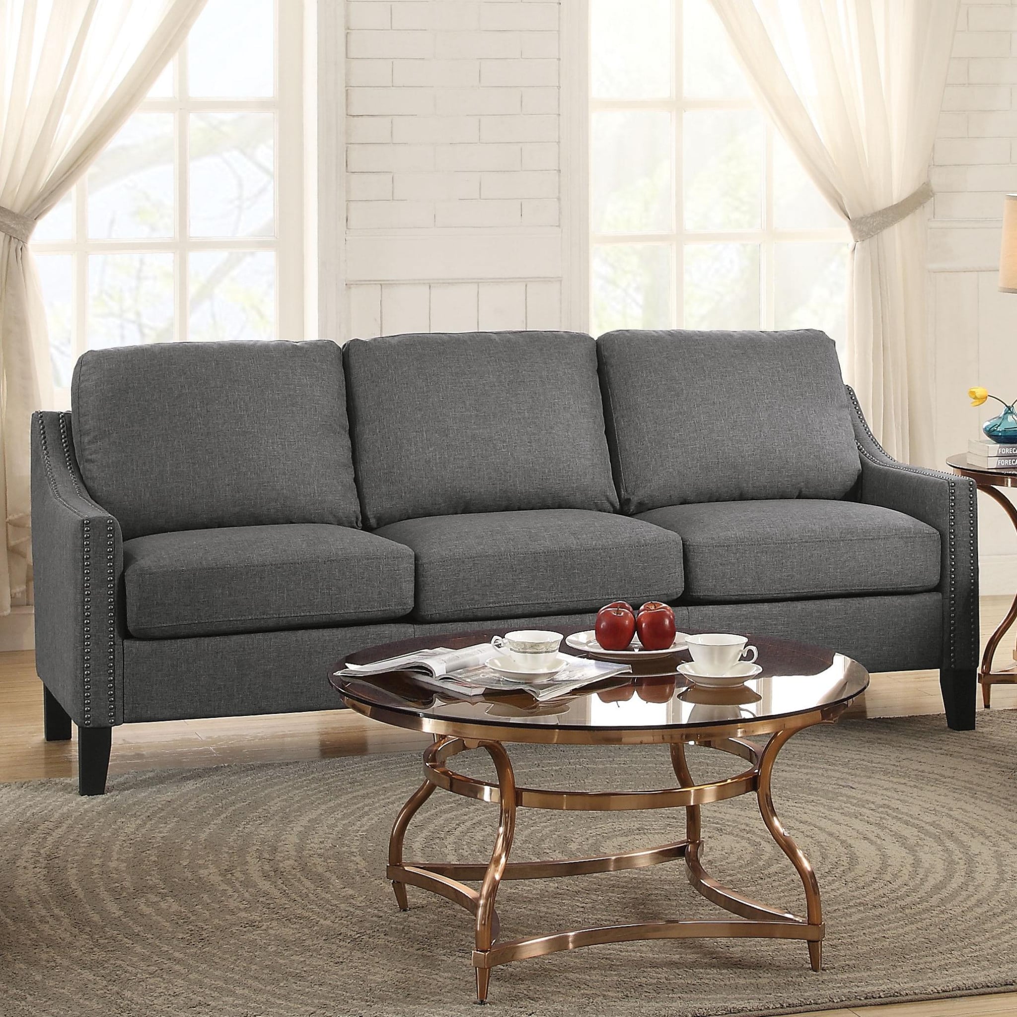 Zapata grey linen sofa with nailhead trim, front view