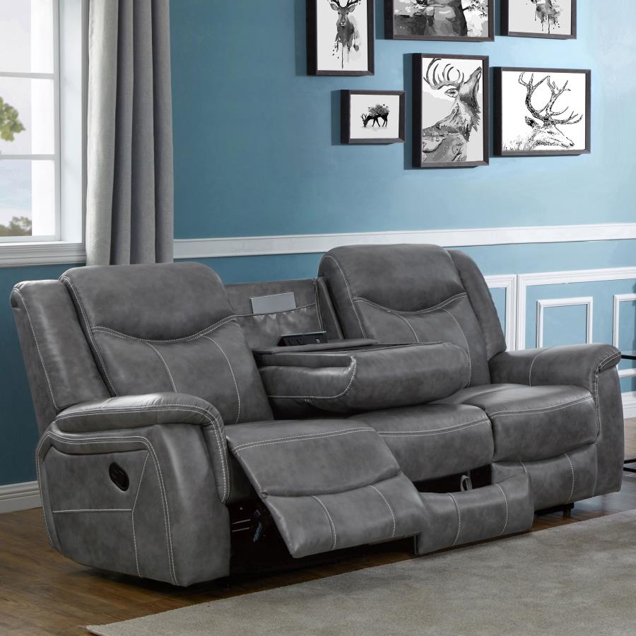 Conrad grey faux leather manual reclining sofa, front view