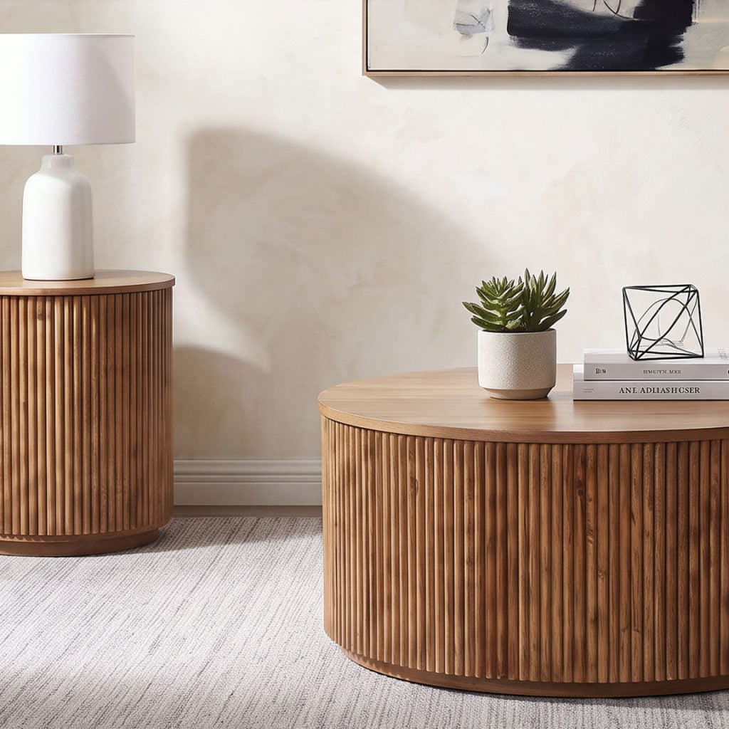 Coffey 2-piece round coffee table set in light brown mango wood, full set front view