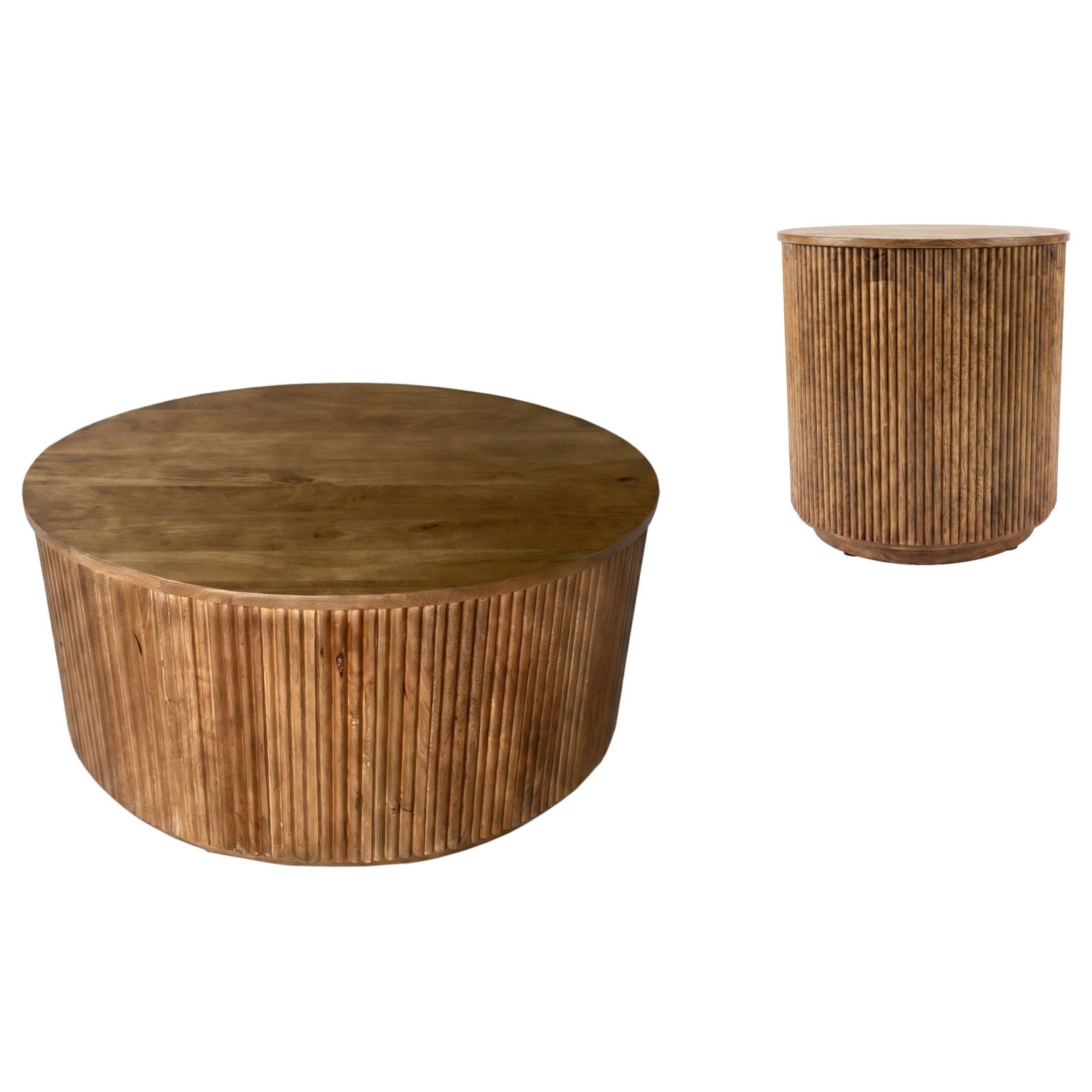 Coffey 2-piece round coffee table set in light brown mango wood, round coffee table front view