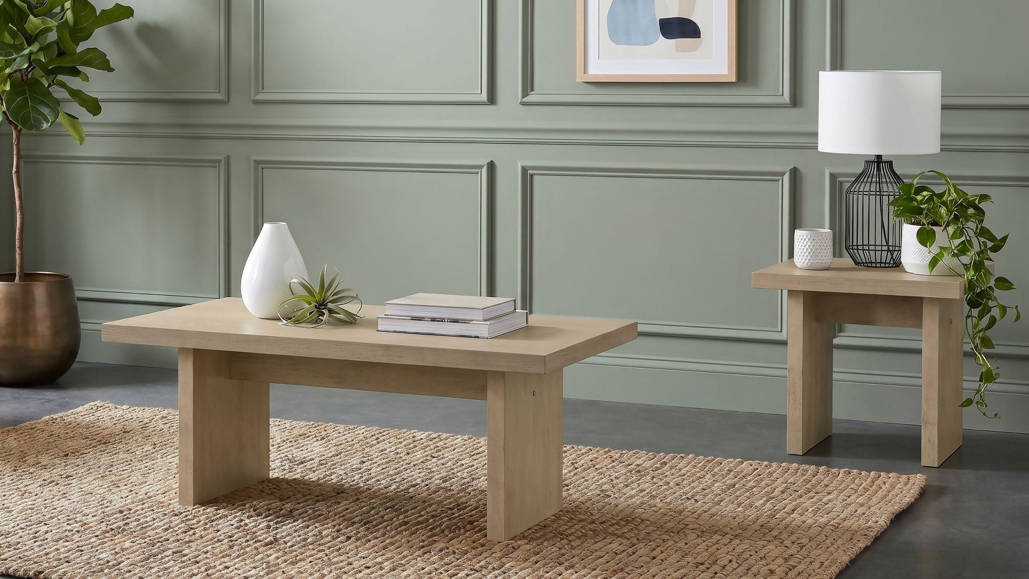 Decker 2-piece coffee and end table set in natural oak wood, full set front view