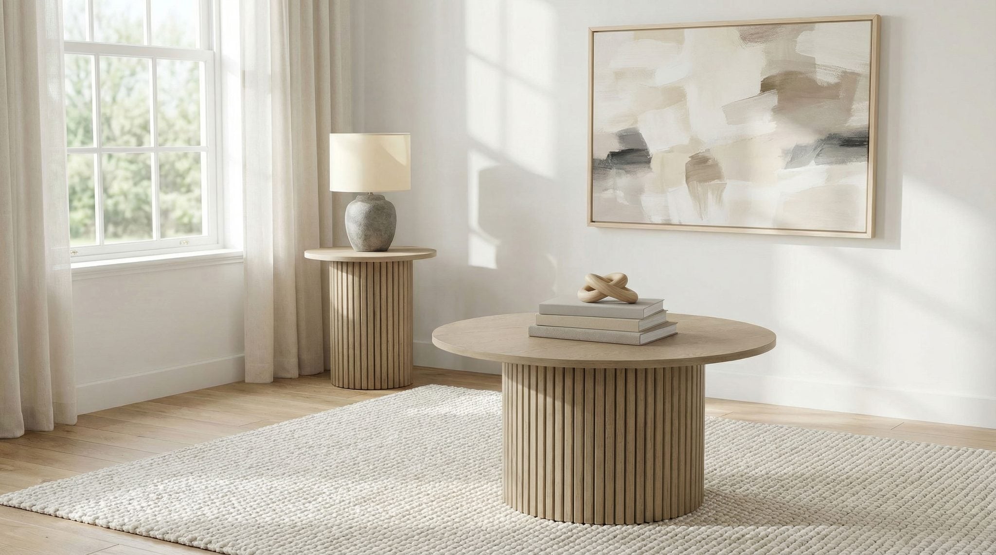 Hamlyn 2-piece round fluted coffee table set in natural oak wood, full set front view