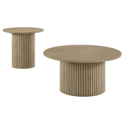 Hamlyn 2-piece round fluted coffee table set in natural oak wood, round fluted coffee table front view