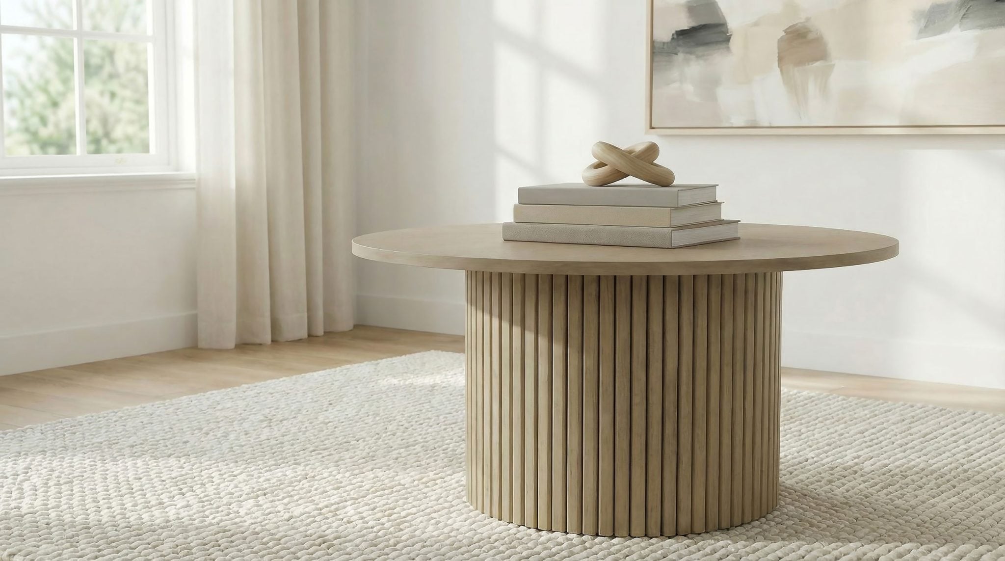 Hamlyn round fluted coffee table in natural oak wood, front view