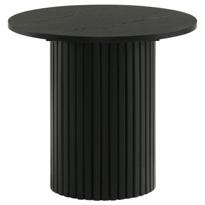 Hamlyn round fluted end table in black wood, three-quarter angle