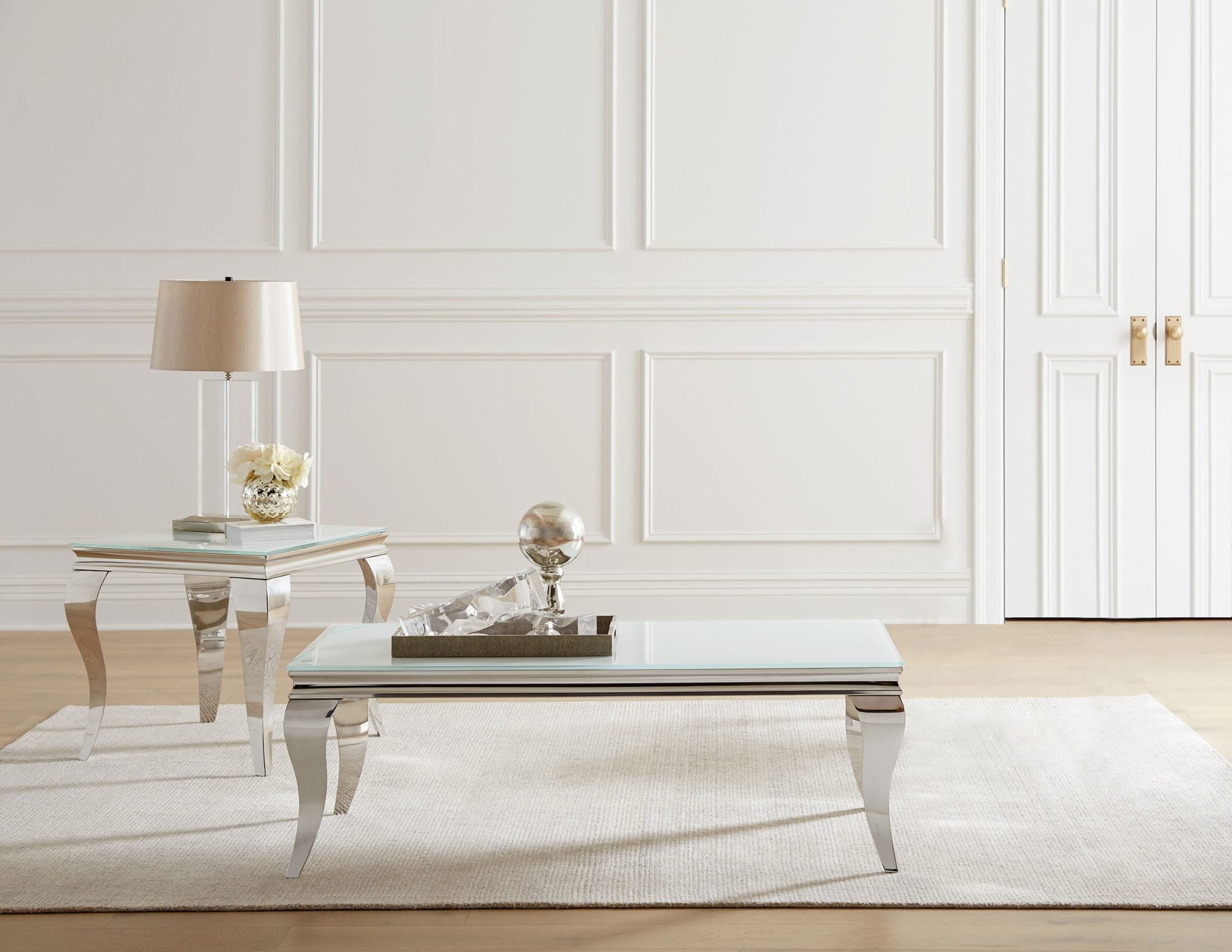 Carone White 2-Piece Coffee Table Set with Glass Tops by Coaster - Carone coffee table set view 1