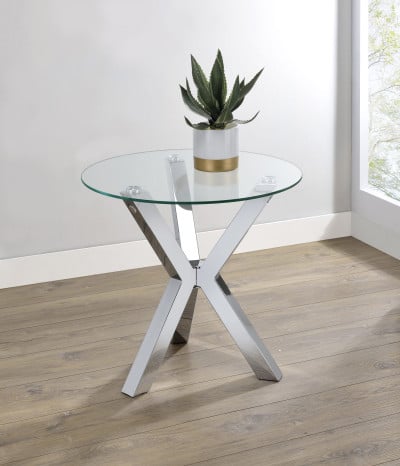 Kenzie Chrome 3-Piece Round Coffee Table Set with Glass Tops by Coaster - Kenzie end table view 1
