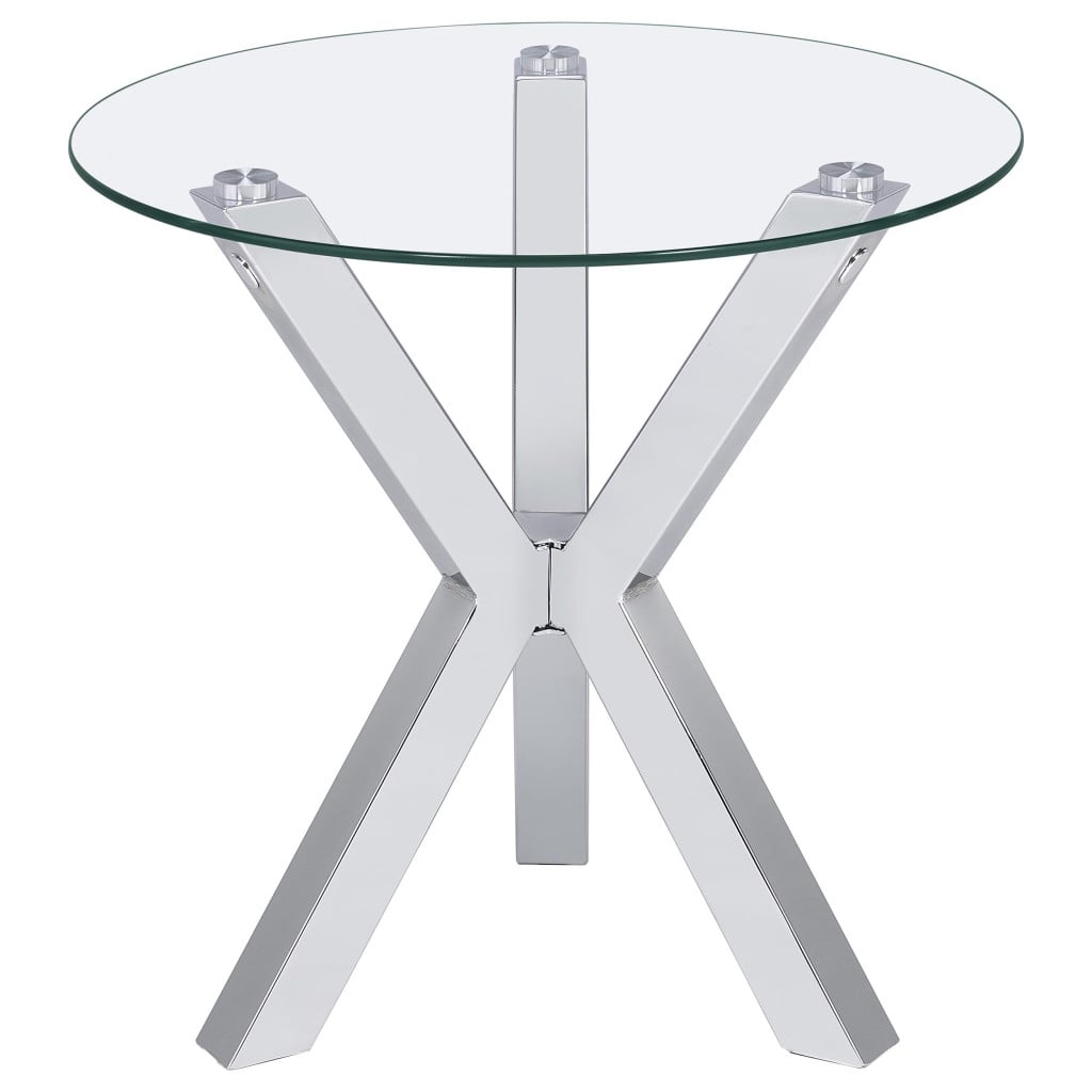 Kenzie Chrome 3-Piece Round Coffee Table Set with Glass Tops by Coaster - Kenzie end table view 3