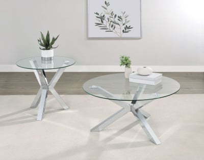 Kenzie Chrome 3-Piece Round Coffee Table Set with Glass Tops by Coaster - Kenzie end table view 7