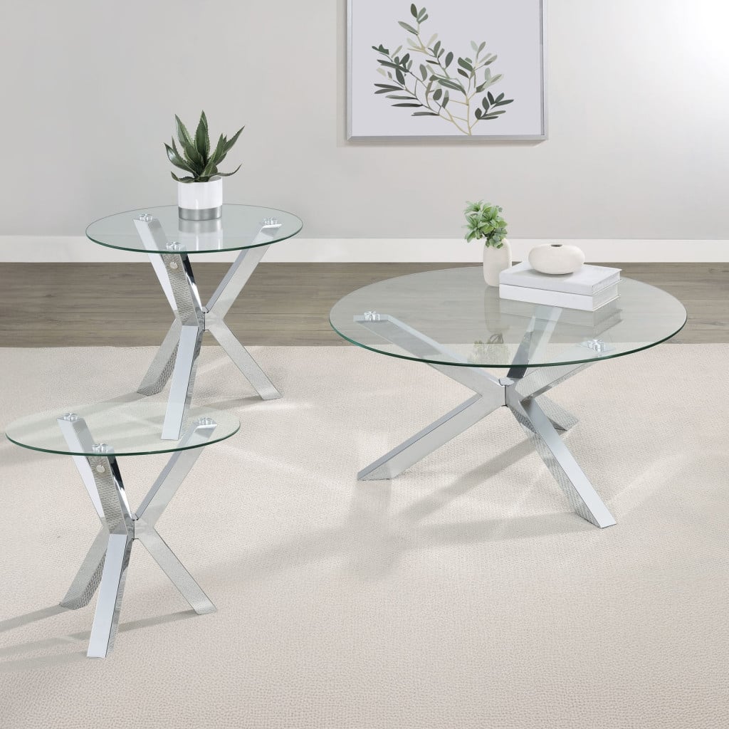 Kenzie Chrome 3-Piece Round Coffee Table Set with Glass Tops by Coaster - Kenzie coffee table set view 1