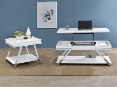 Marcia White High Gloss 2-Piece Lift-Top Coffee Table Set by Coaster - Marcia end table view 10