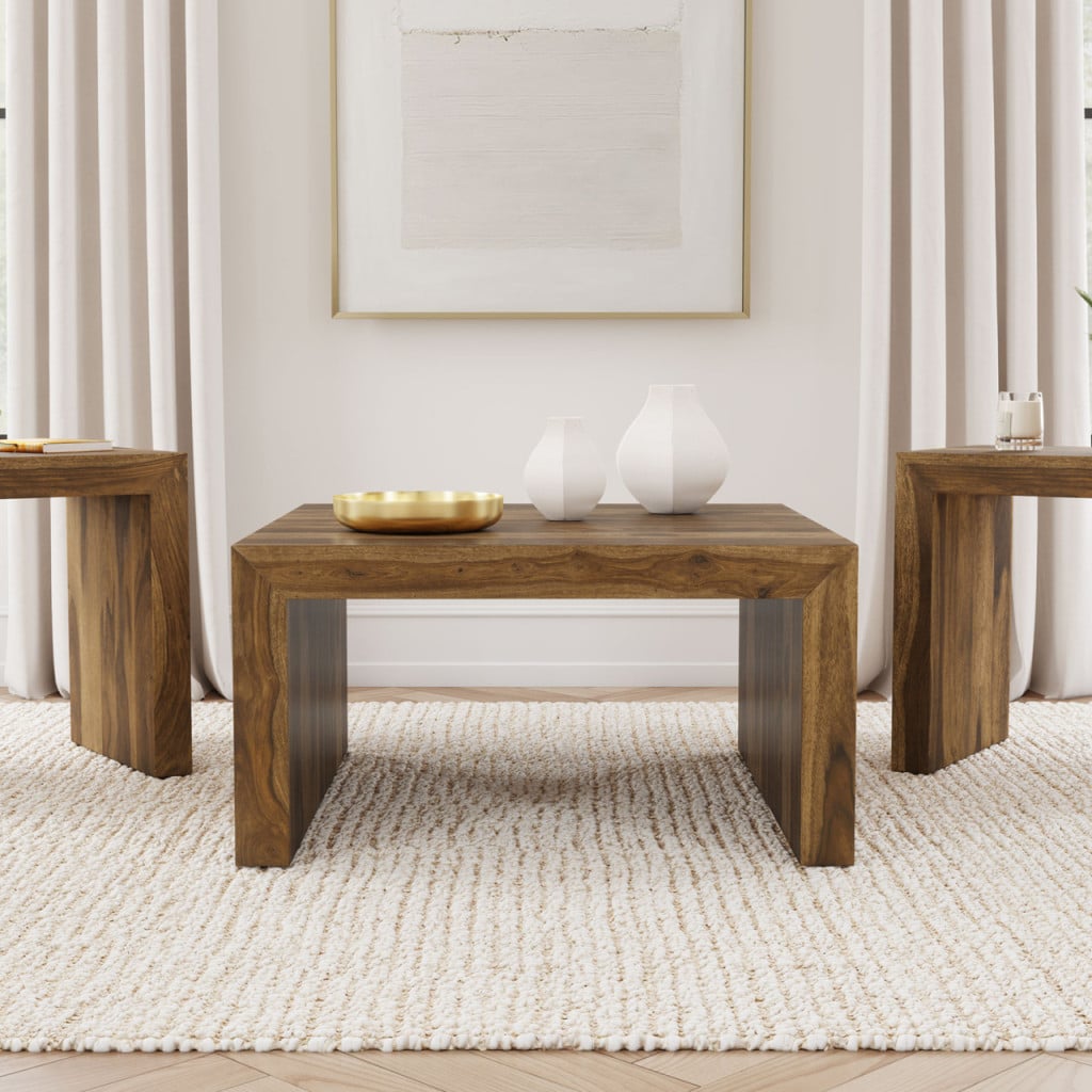 Odilia 3-piece solid sheesham wood coffee table set in auburn, coffee table front view