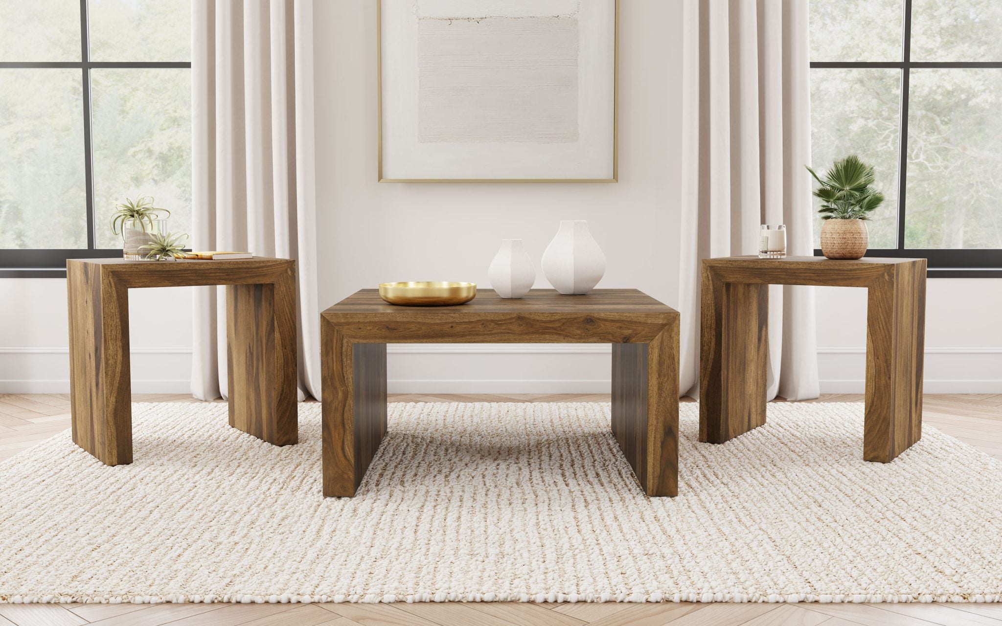 Odilia 3-piece solid sheesham wood coffee table set in auburn, coffee table front view