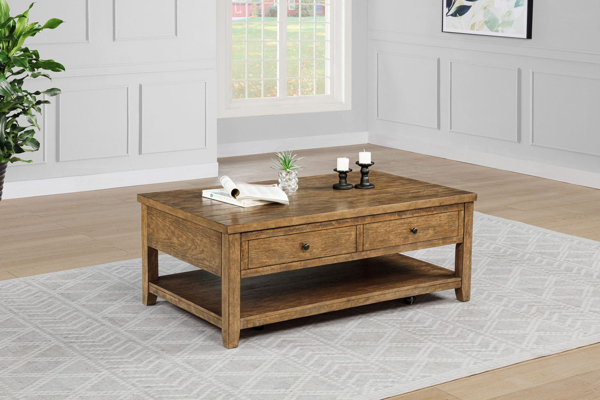 Payne lift-top coffee table in distressed brown wood, front view with top down