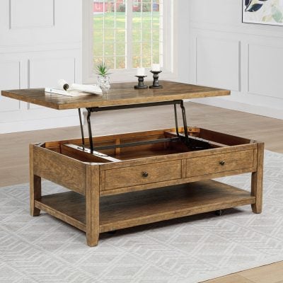 Payne lift-top coffee table in distressed brown wood, three-quarter angle
