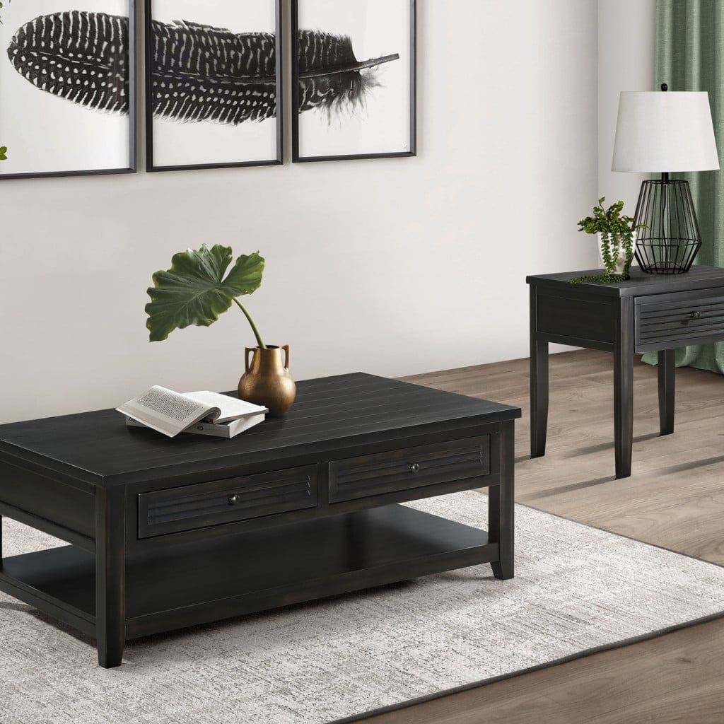 Concord 2-piece coffee and end table set in distressed java wood, coffee table front view