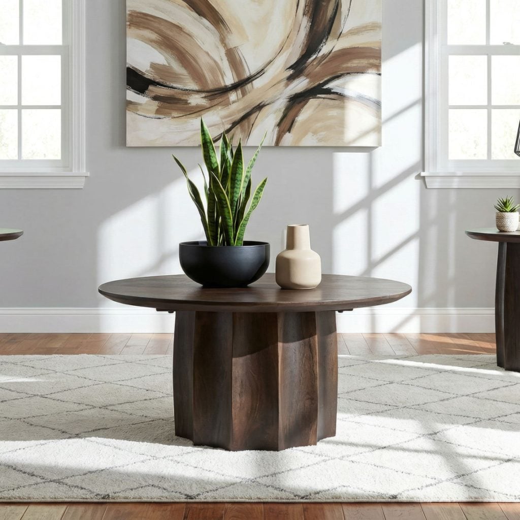 Cayenne 3-piece coffee table set in walnut mango wood, full set front view
