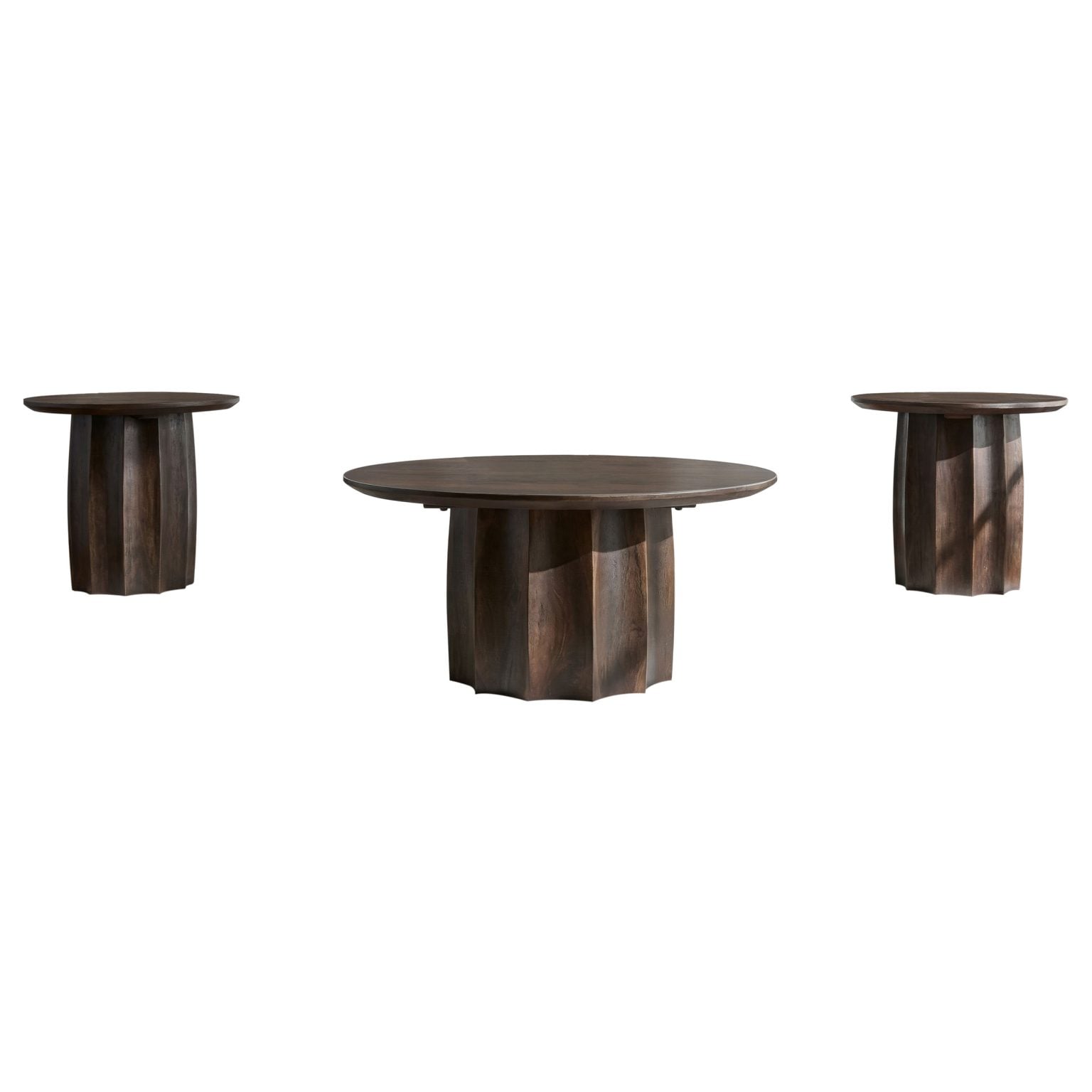 Cayenne 3-piece coffee table set in walnut mango wood, round coffee table front view