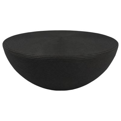 Macedo round ribbed rattan drum coffee table in black rattan, three-quarter angle