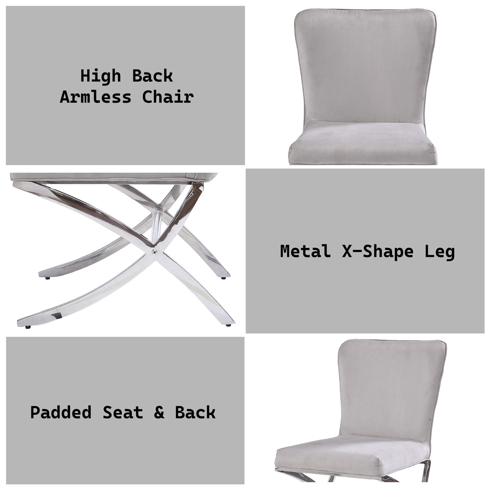Daire Upholstered Dining Chair in Light Gray Velvet with Chrome X Legs - Set of 2 - feature detail