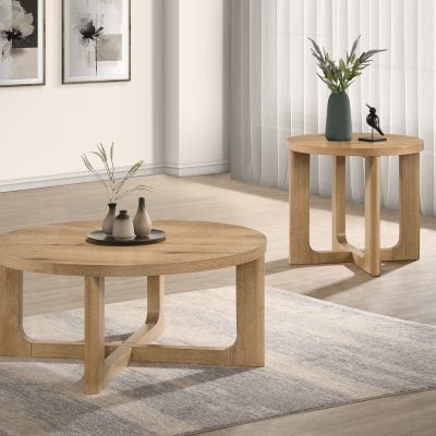 Kessler 2-piece round wood coffee table set in light oak, coffee table front view