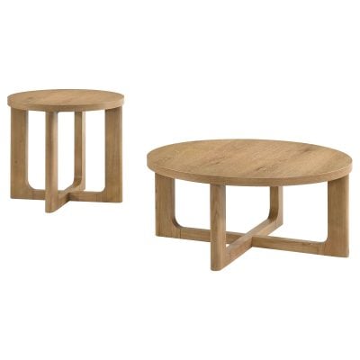Kessler 2-piece round wood coffee table set in light oak, end table view