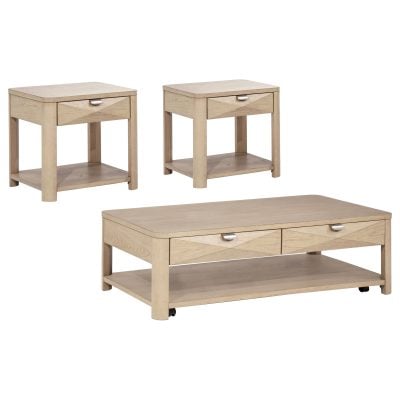 Marcelo 3-piece storage coffee table set in light elm wood, storage coffee table front view
