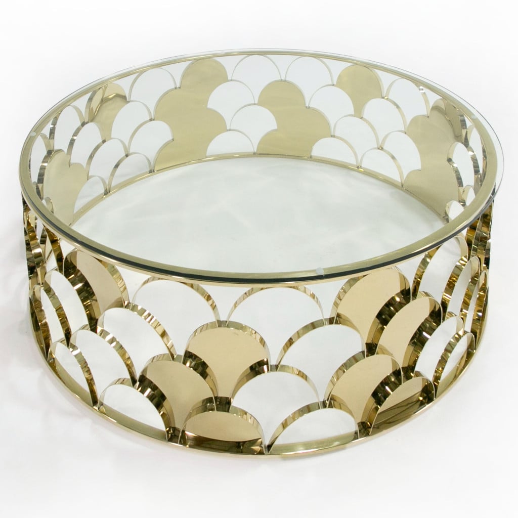 Javier Round Coffee Table in Champagne Gold and Clear Glass, top view