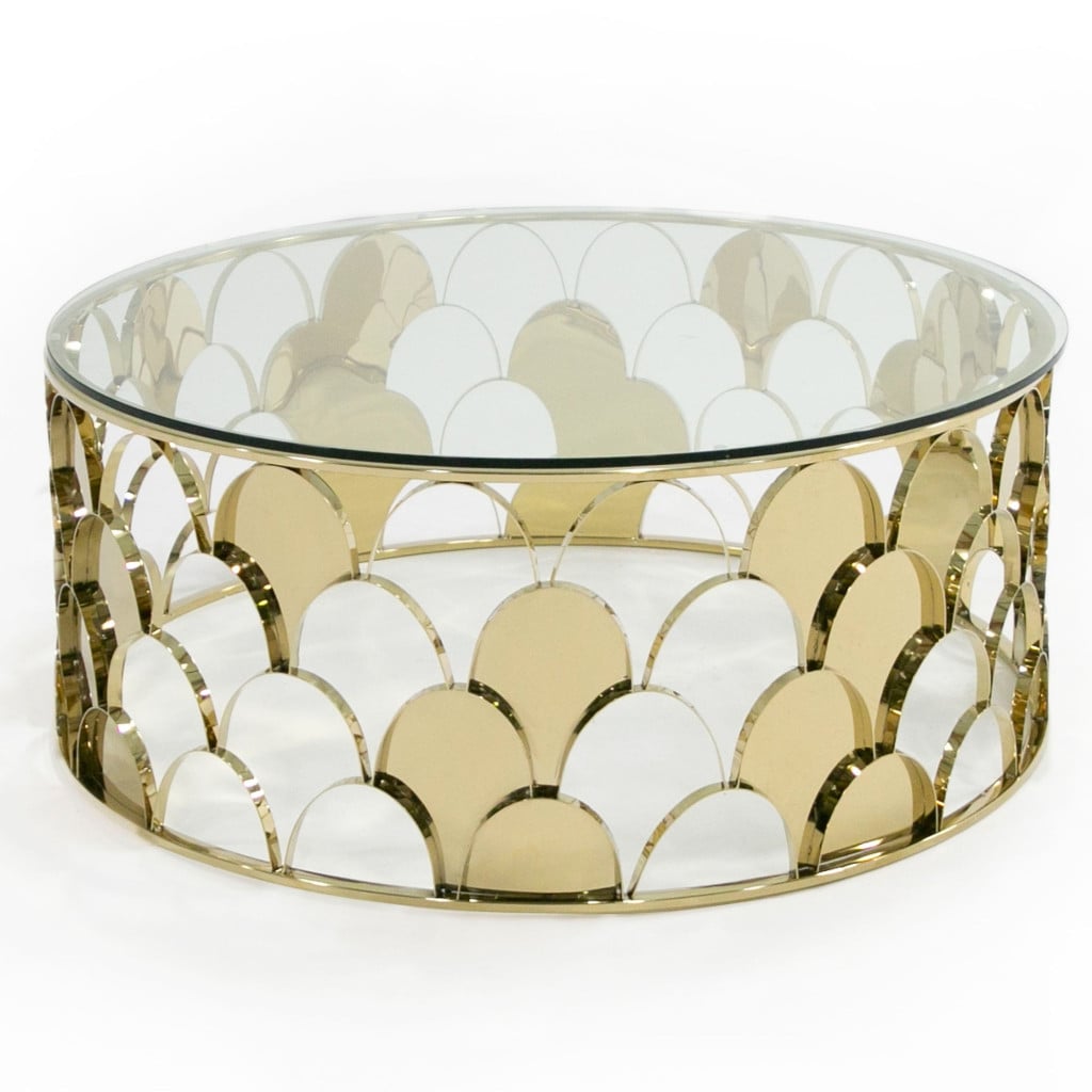 Javier Round Coffee Table in Champagne Gold and Clear Glass, front view