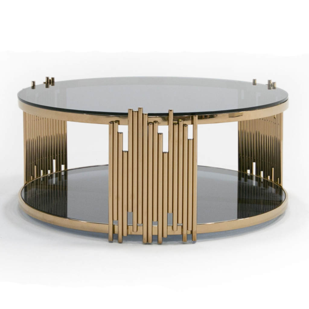 Bryce Round Coffee Table in Rosegold and Smoked Glass, front view
