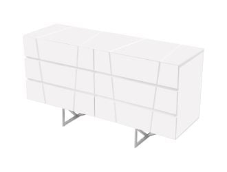 Chrysler Modern White Dresser with Polished Stainless Steel Legs, studio view