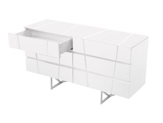 Chrysler Modern White Dresser with Polished Stainless Steel Legs, detail view