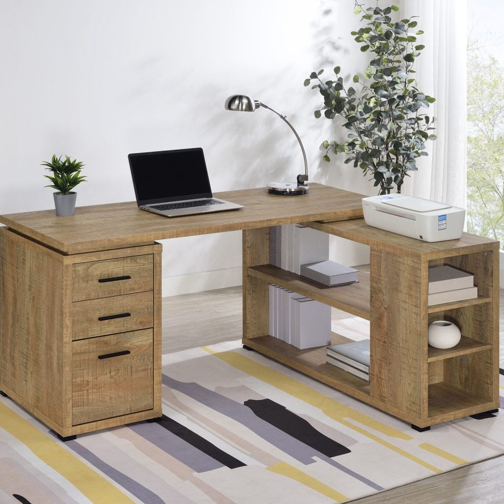 Yvette 60-inch L-shape computer desk in mango finished wood, straight front view