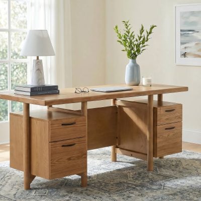 Roldan 69-inch computer desk in light ash wood, front view