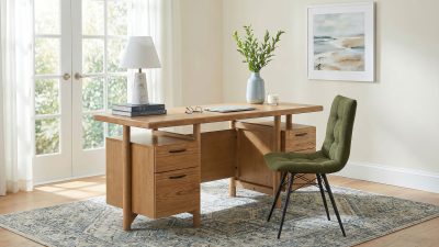 Roldan 69-inch computer desk in light ash wood, full office scene