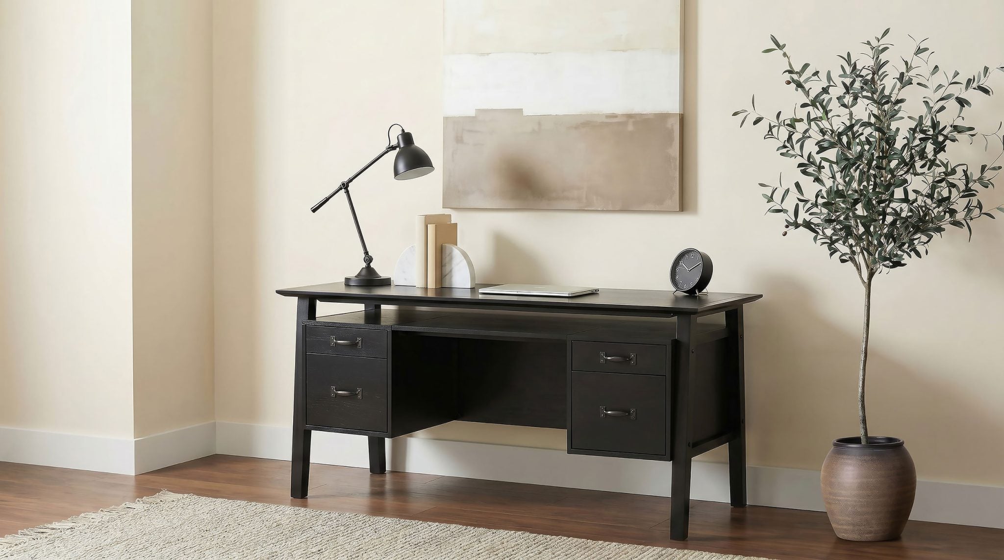 Goodson 64-inch double pedestal computer desk in black oak veneer wood, straight front view