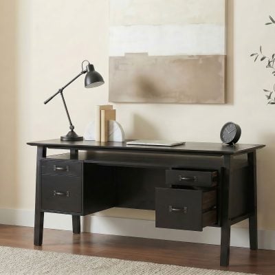 Goodson 64-inch double pedestal computer desk in black oak veneer wood, three-quarter angle view