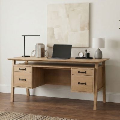 Goodson 64-inch computer desk in distressed light brown wood, front view