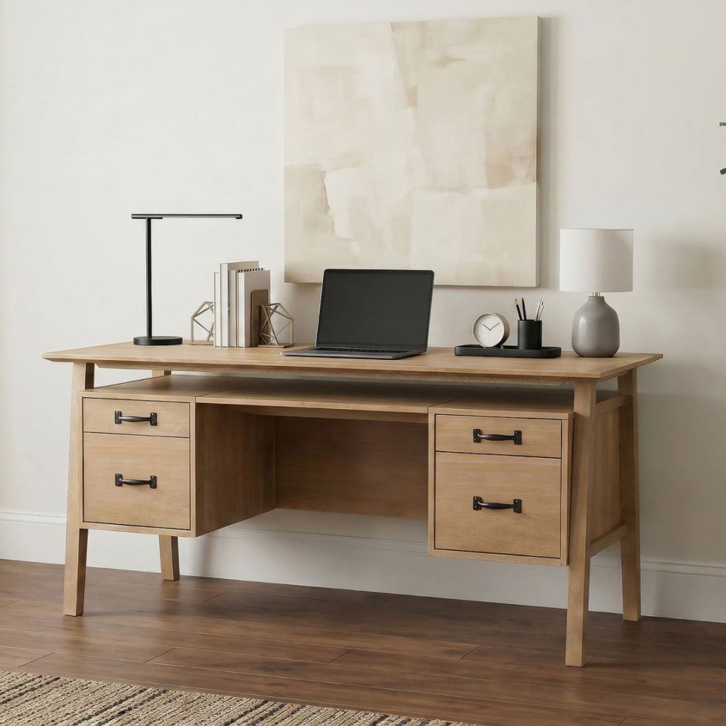 Goodson 64-inch computer desk in distressed light brown wood, front view